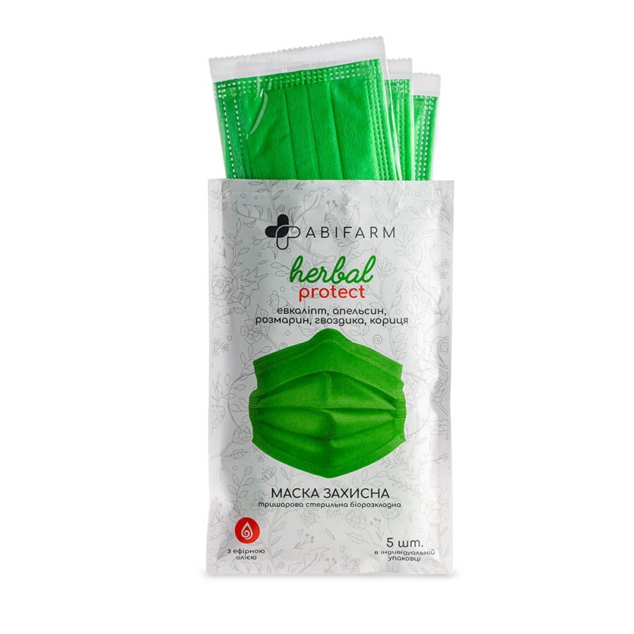 Защитные маски Abifarm Herbal Protect ароматические, с эфирными маслами, 3-слойные, стерильные 5 шт: цены и характеристики