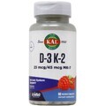 Витамины Д-3 и K-2, Vitamin D-3 K-2, KAL, вкус красной малины,  1000 МЕ/45 мкг MK-7, 60 микротаблеток
