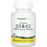 Дієтична добавка Natures Plus Вітамін Д3 і К2, 1000 МО/100 мкг, 90 капсул