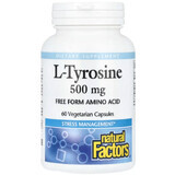 L-тирозин, 1000 мг, L-Tyrosine, Natural Factors, 60 вегетарианских капсул