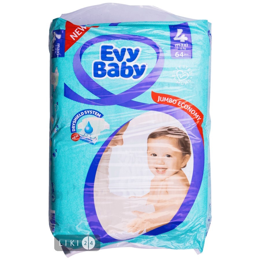 Подгузники детские Evy Baby Maxi Jumbo 4 (7-18 кг) 64 шт: цены и характеристики