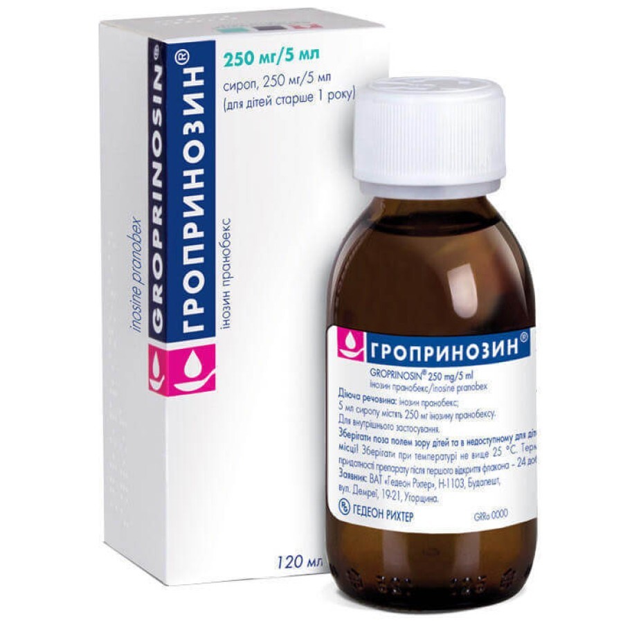 Гропринозин сироп 250 мг/5 мл фл. 120 мл: цены и характеристики