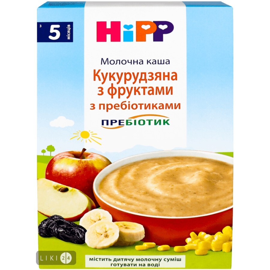 Детская каша HiPP Кукурузная с фруктами с пребиотиками молочная с 5 месяцев, 250 г: цены и характеристики