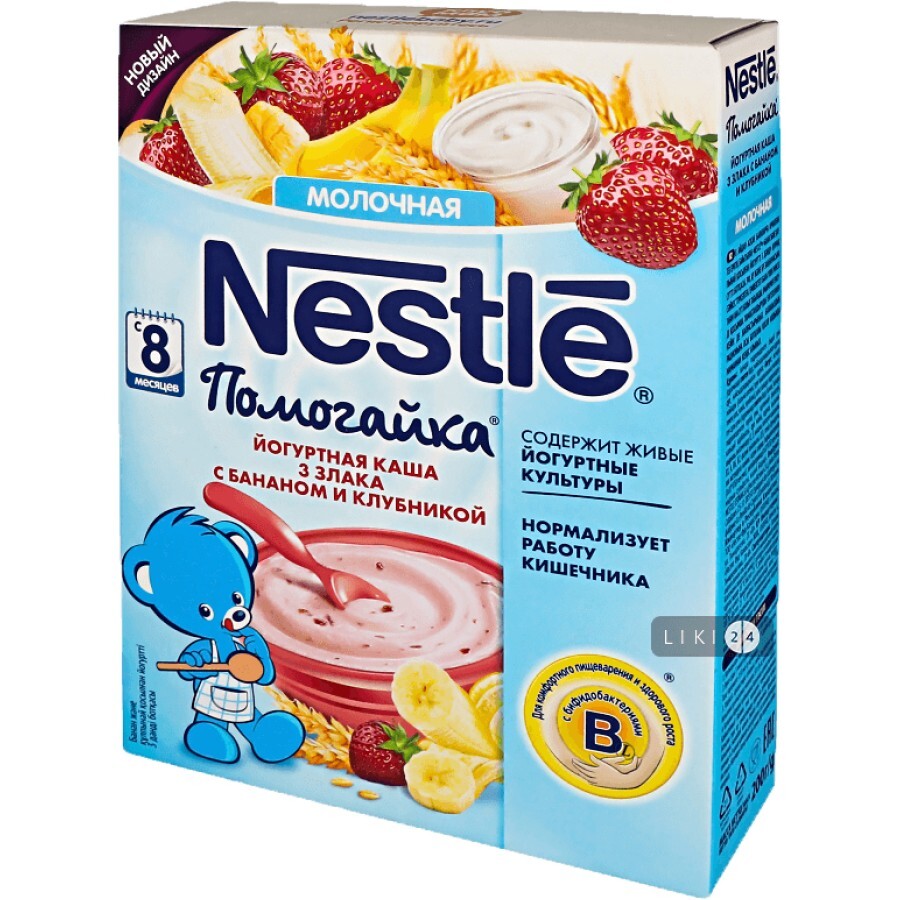 Йогуртная молочная каша Nestle Помогайка 3 злака с бананом и клубникой 200 г: цены и характеристики