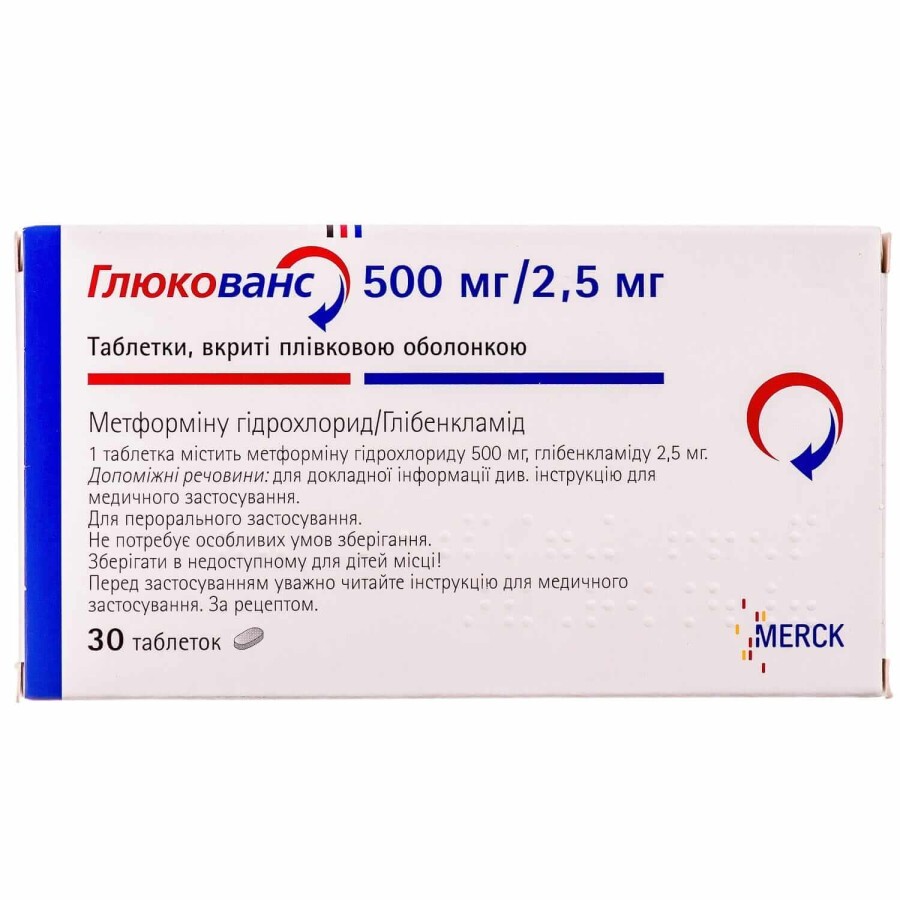 Глюкованс табл. п/о 500 мг + 2,5 мг №30: цены и характеристики