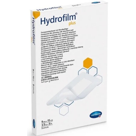 Пов’язка Hydrofilm Plus плівкова прозора з абсорбуючою подушечкою, 9 см х 15 см 