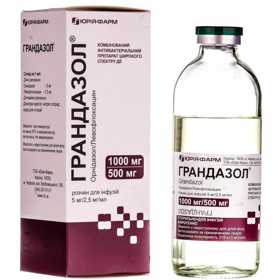 Грандазол р-н д/інф. 2,5 мг + 5 мг пляшка 200 мл: ціни та характеристики