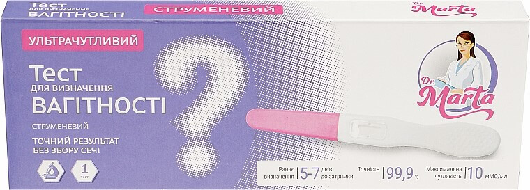 

Тест Dr. Marta для визначення вагітності струменевий ультрачутливий, №1, струменевий, ультрачутл.