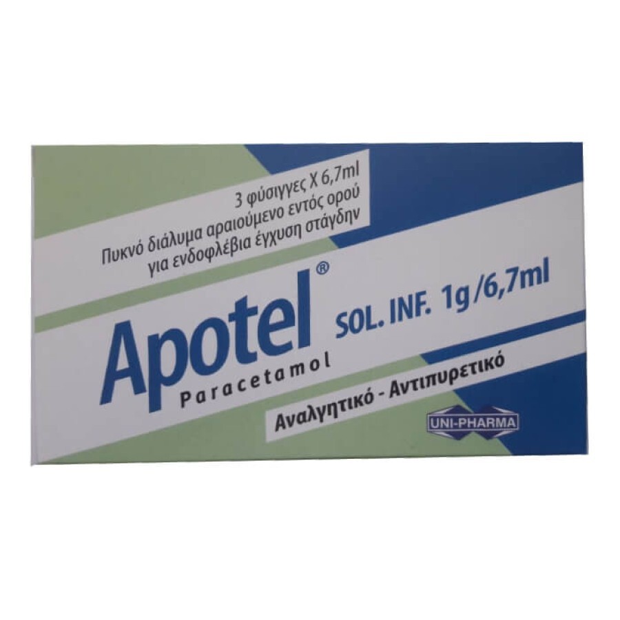 Apotel діюча речовина Парацетамол sol.inf. 1g/6.7ml амп №3 : ціни та характеристики