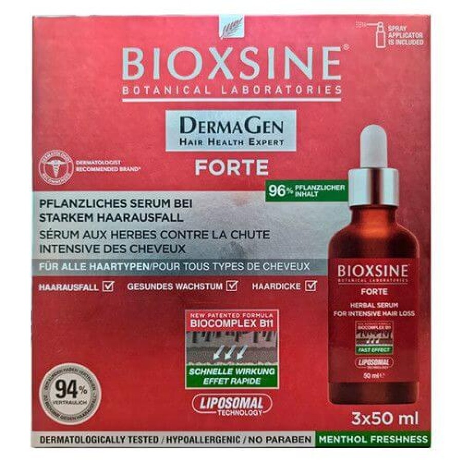 Сироватка Bioxsine DermaGen Forte проти інтенсивного випадіння волосся всіх типів, 3 флакона 50 мл: ціни та характеристики