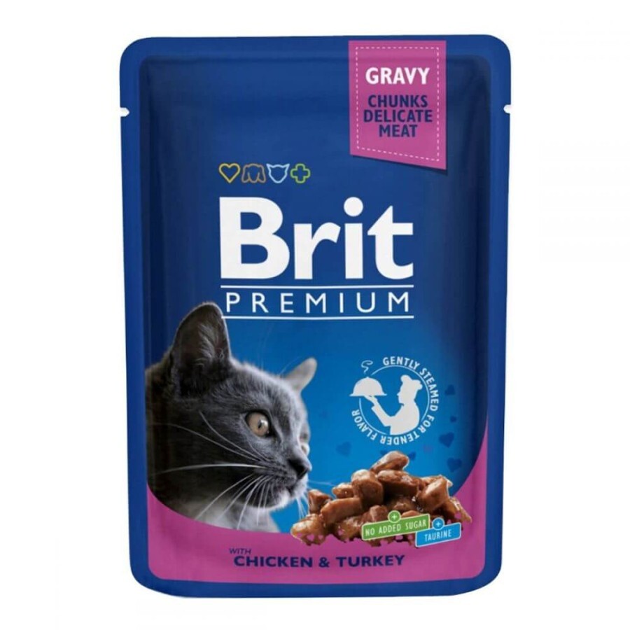 Консерви для котів Brit Premium Cat Шматочки в соусі з куркою та індичкою для котів 100 г пауч: ціни та характеристики