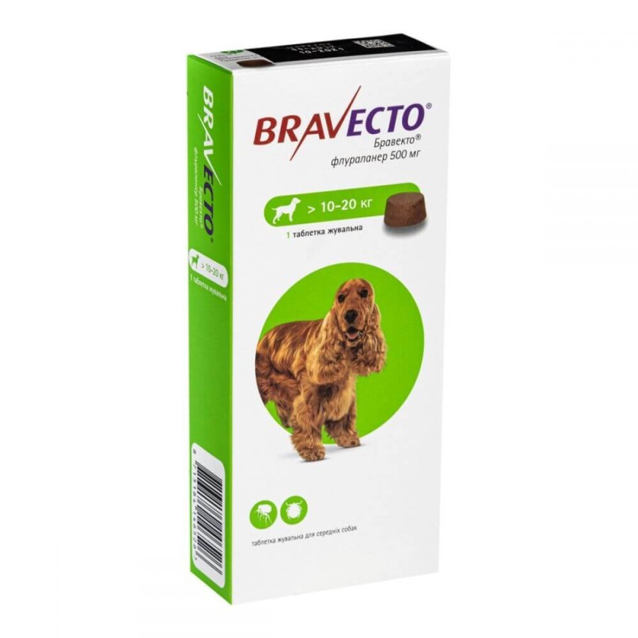 Таблетки від бліх та кліщів для собак Bravecto вагою від 10 до 20 кг 1 таблетка: ціни та характеристики