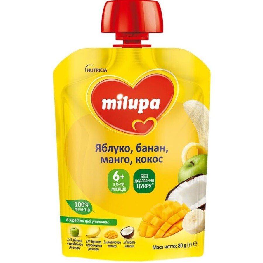 Пюре Milupa Яблоко, банан и манго с кокосовым молоком с 6 месяцев, 80г: цены и характеристики