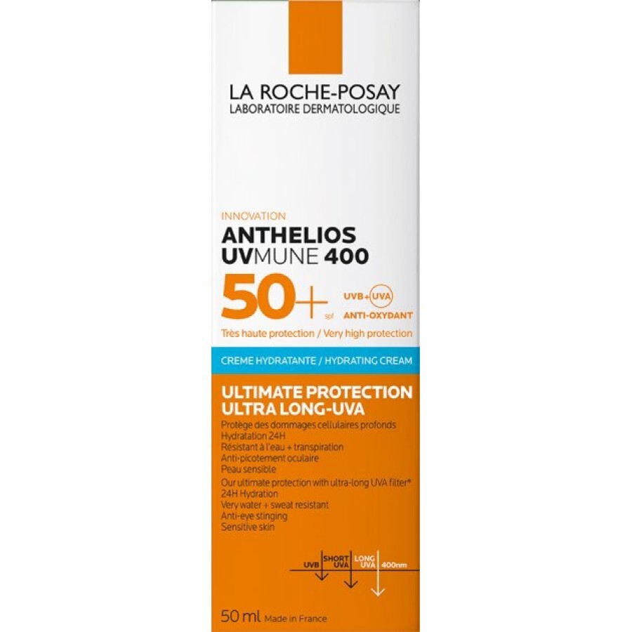Сонцезахисний зволожуючий крем La Roche-Posay Anthelios UVmune 400 SPF50+ для обличчя та шкіри навколо очей, 50 мл: ціни та характеристики