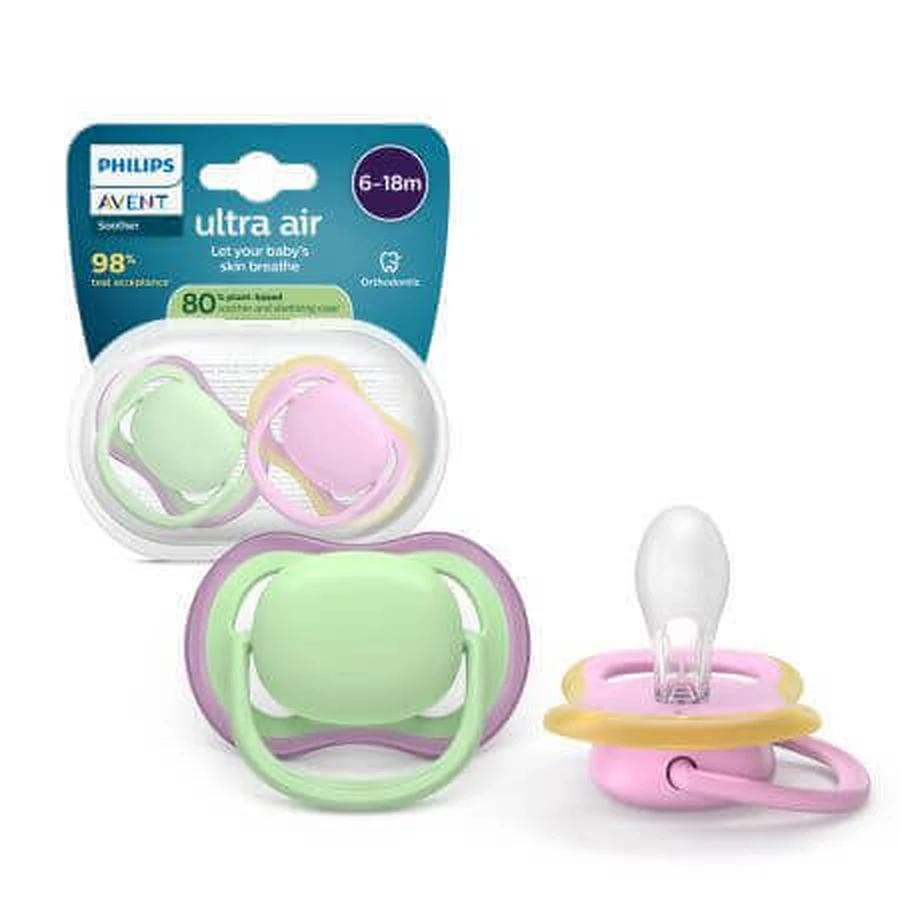 Philips Avent Ultra Air Pacifier Philips Avent Ultra Air Pacifier, розовый/зеленый, 6-18 месяцев, SCF087/12, 2 штуки, Philips: цены и характеристики