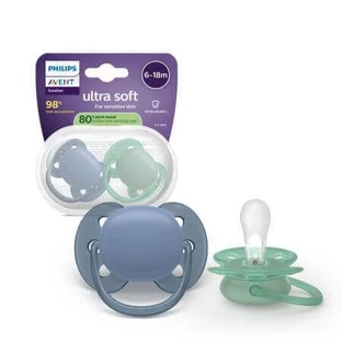Philips Avent Ultra Soft Pacifier Philips Avent Ultra Soft Pacifier, синий/зеленый, 6-18 месяцев, SCF091/42, 2 штуки, Philips