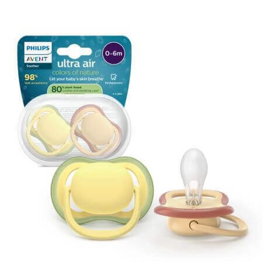 Пустушка Ultra Air, жовта/помаранчева, 0-6 місяців, SCF087/07, 2 шт, Philips Avent: ціни та характеристики