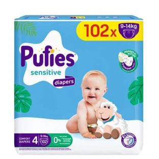 Підгузники Mega Maxi Sensitive, №4, 9-14 кг, 102 шт, Pufies