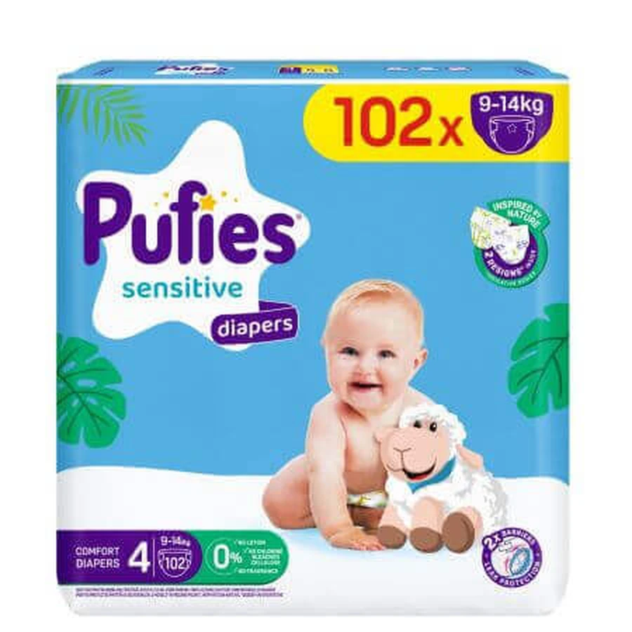 Підгузники Mega Maxi Sensitive, №4, 9-14 кг, 102 шт, Pufies: ціни та характеристики