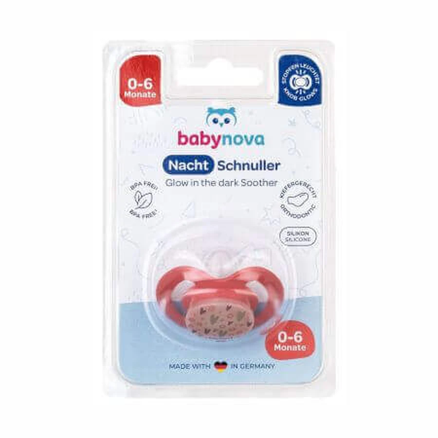 Ортодонтична соска з фосфоресцентного силікону, 0-6 місяців, 1 шт, Baby Nova: ціни та характеристики