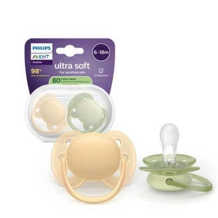Philips Avent Ultra Soft Pacifier Philips Avent Ultra Soft Pacifier, желтый/зеленый, 6-18 месяцев, SCF091/45, 2 штуки, Philips