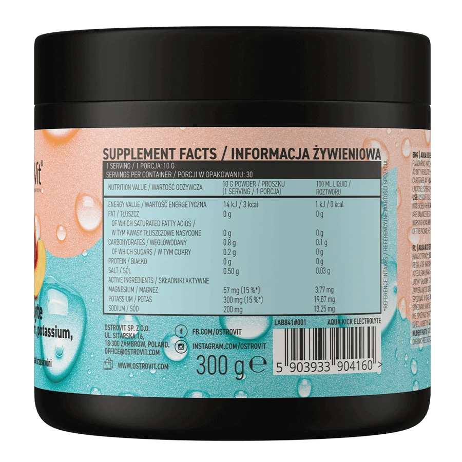 Електроліти OstroVit Aqua Kick, порошок, персиковий смак, 300 г: ціни та характеристики