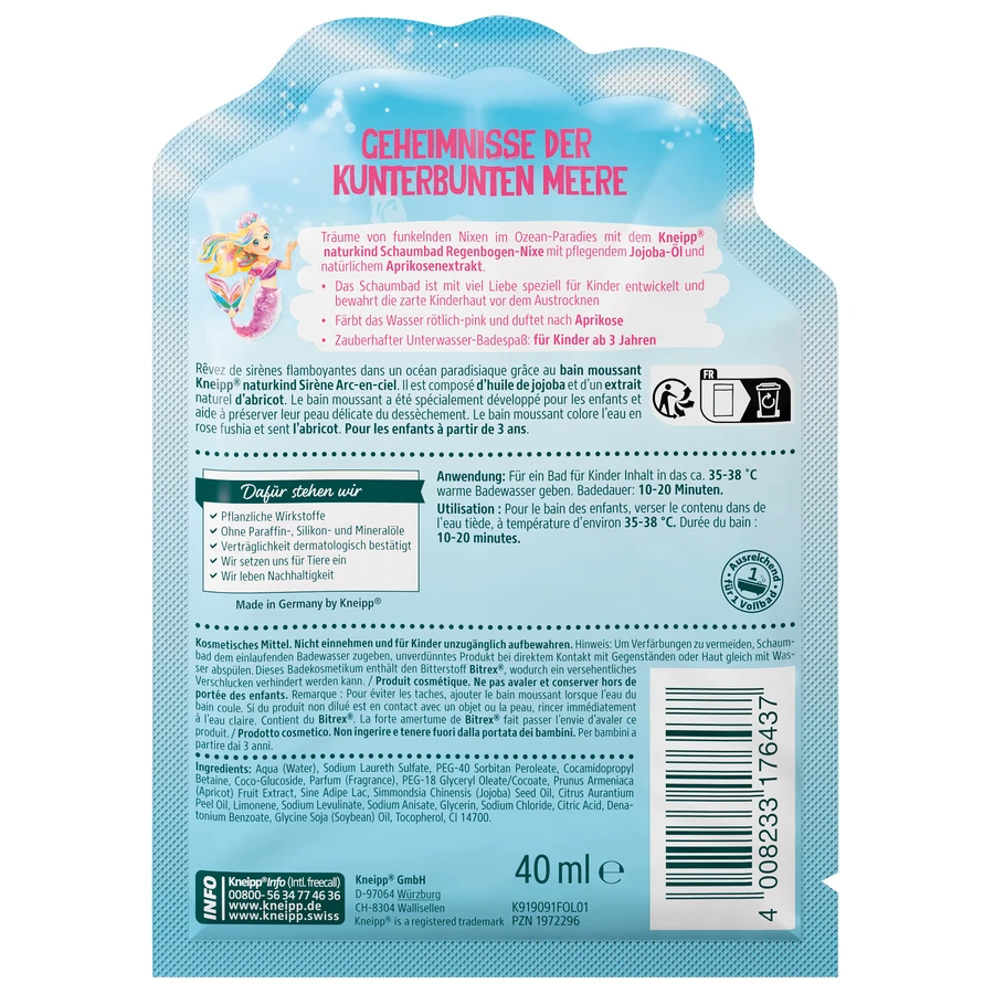 Kneipp Naturkind Rainbow Mermaid, жидкость для пены для ванны, абрикос, 40 мл: цены и характеристики