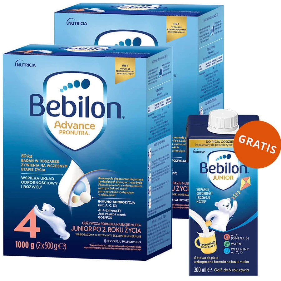 Набор Bebilon Advance Pronutra 4 Junior, питательная молочная смесь, после 2 лет, 2 х 1000 г + обогащенная молочная смесь для детей 2-6 лет, 200 мл бесплатно: цены и характеристики