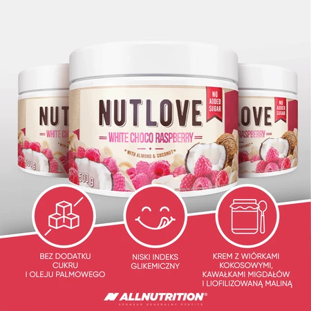 Allnutrition Nutlove White Choco Raspberry, крем на основе белого шоколада с кокосовой стружкой, миндалем и малиной, без добавления сахара, 500 г.: цены и характеристики