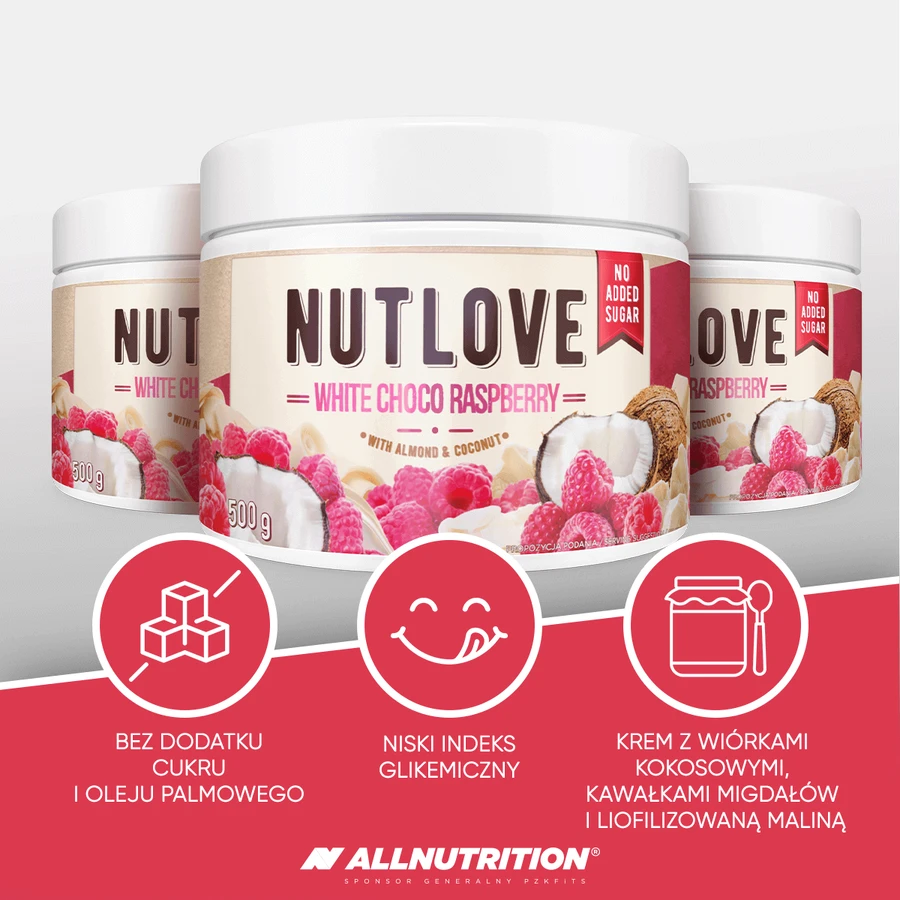 Allnutrition Nutlove White Choco Raspberry, крем на основе белого шоколада с кокосовой стружкой, миндалем и малиной, без добавления сахара, 500 г.: цены и характеристики