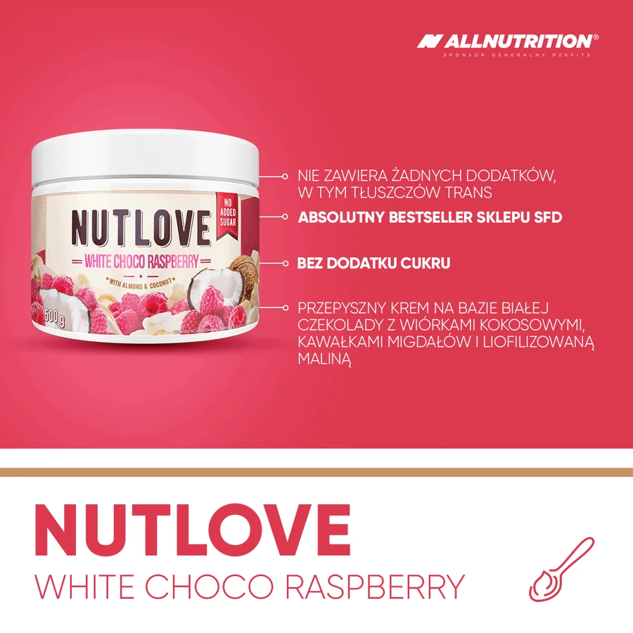 Allnutrition Nutlove White Choco Raspberry, крем на основе белого шоколада с кокосовой стружкой, миндалем и малиной, без добавления сахара, 500 г.: цены и характеристики
