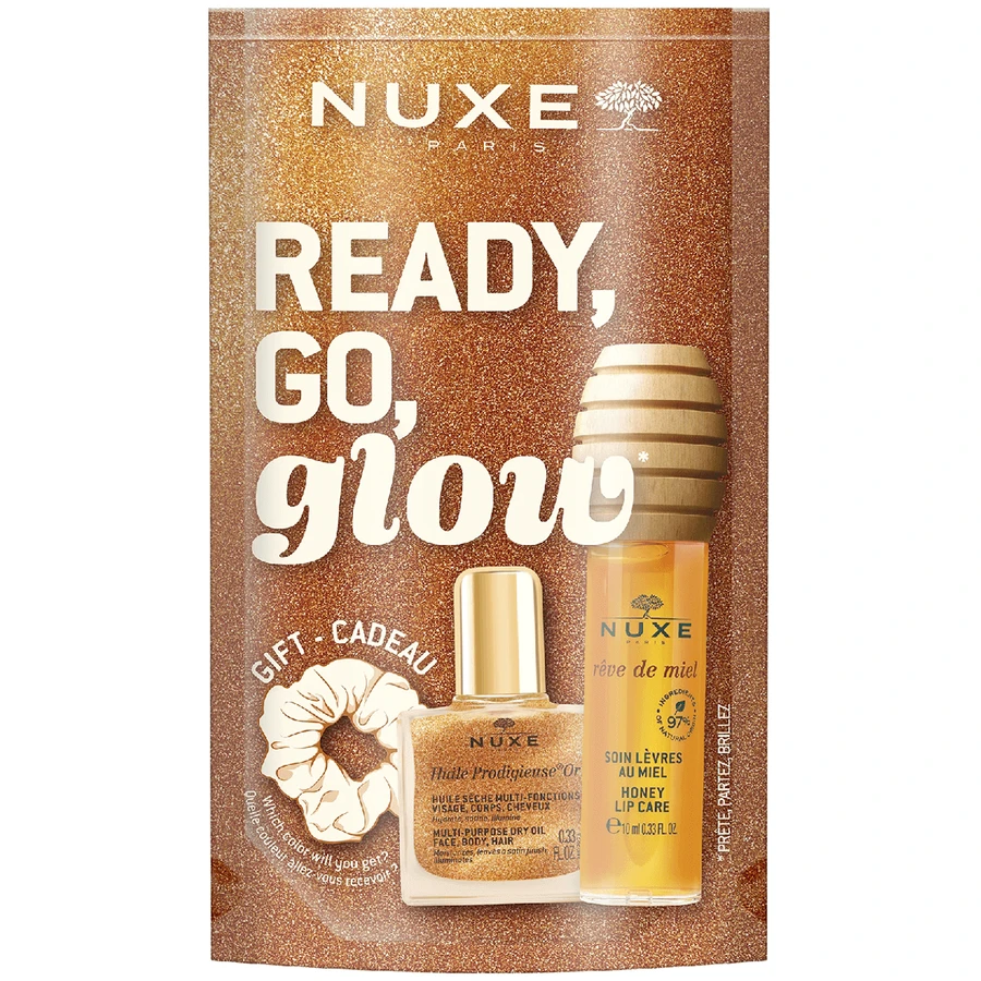 Набір Nuxe Ready Go Glow, медова олія для губ, 10 мл + суха олія, 10 мл + резинка для волосся: ціни та характеристики