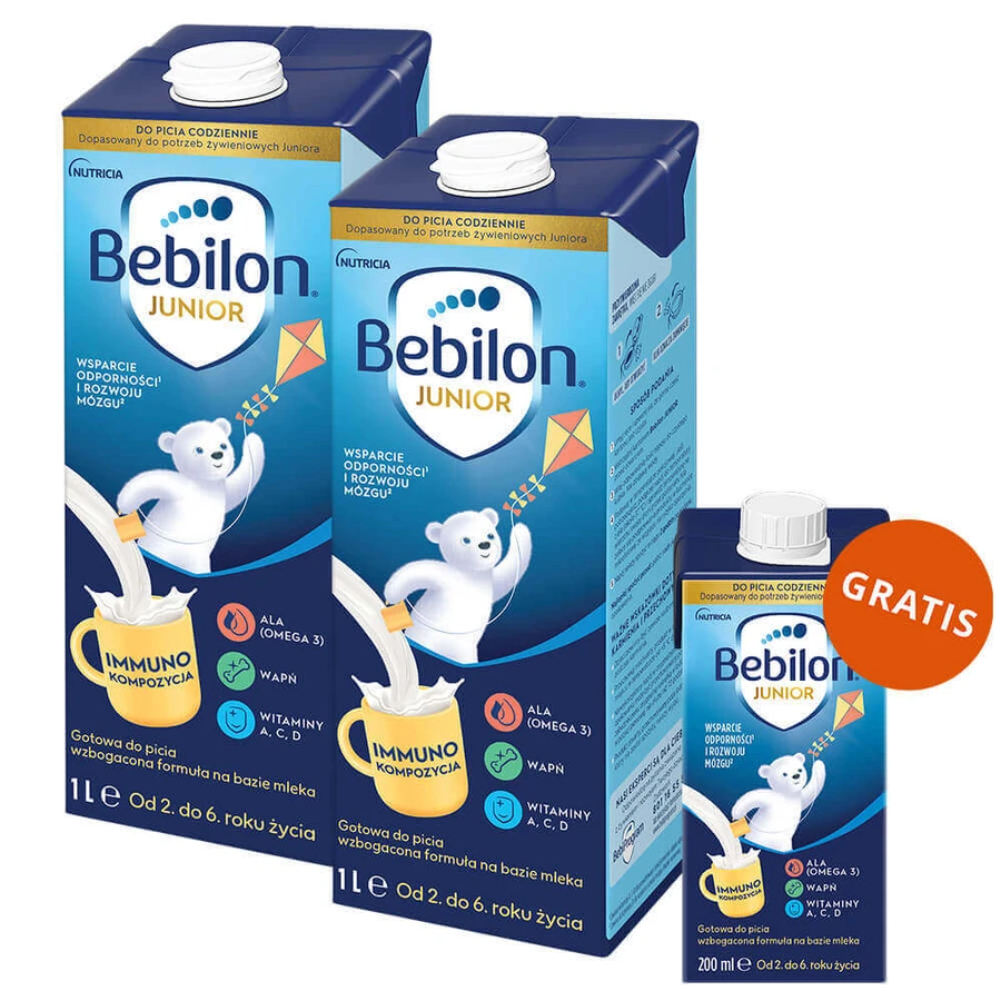 Питьевой набор Bebilon Junior, обогащенная молочная смесь для детей 2-6 лет, 2 x 1 л + 200 мл бесплатно: цены и характеристики