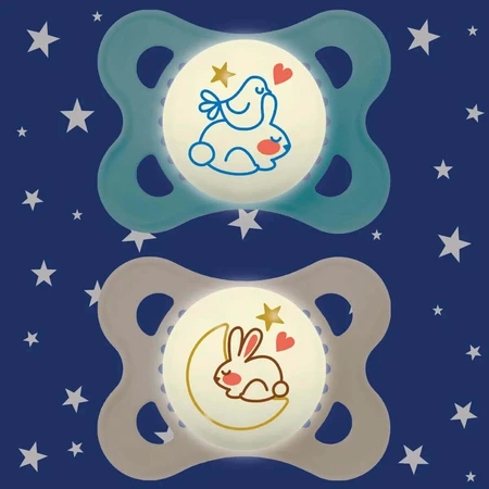 MAM Original Night, пустышка, 2-6 месяцев, силикон, ортодонтическая, светящаяся в темноте, Planet Love, мальчик, 2 штуки: цены и характеристики