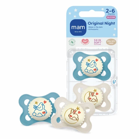 MAM Original Night, пустышка, 2-6 месяцев, силикон, ортодонтическая, светящаяся в темноте, Planet Love, мальчик, 2 штуки: цены и характеристики