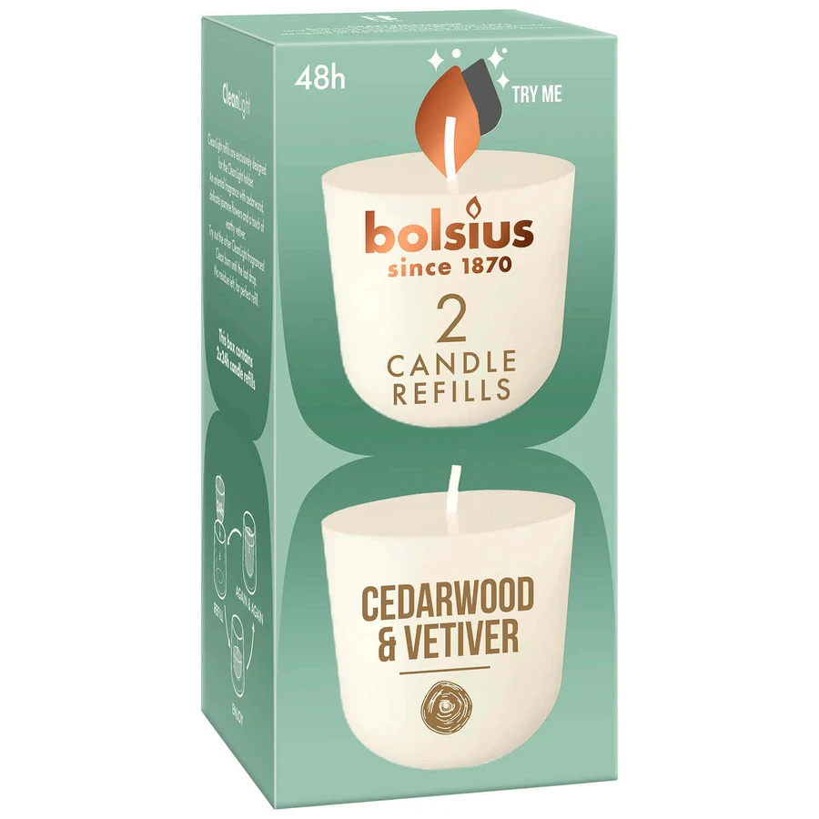 Bolsius Clean Light Cedarwood & Vetiver, ароматизатор для свічок, 20 год, 2 шт.: ціни та характеристики