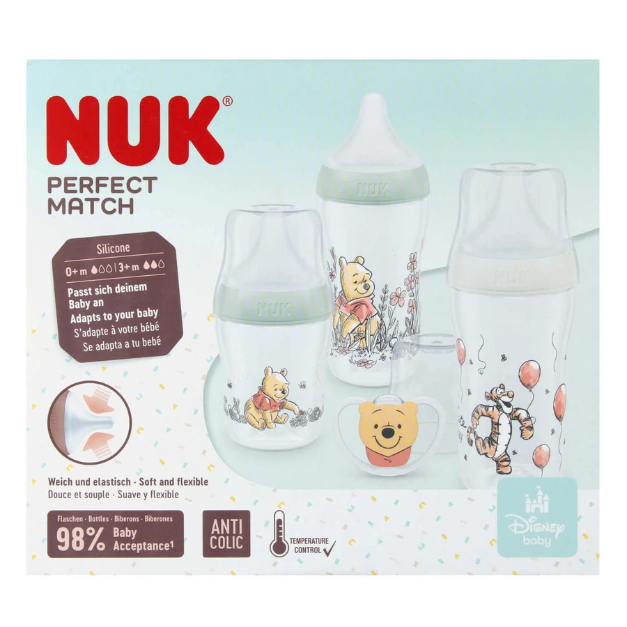 NUK Perfect Match стартовий набір, 3 пляшечки від кольок + пустушка, Вінні-Пух, 0-6 місяців: ціни та характеристики
