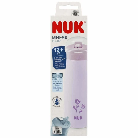 NUK Mini-Me Flip, сталева чашка 2-в-1 з нагубником, фіолетова, квітка, від 12 місяців, 500 мл: ціни та характеристики