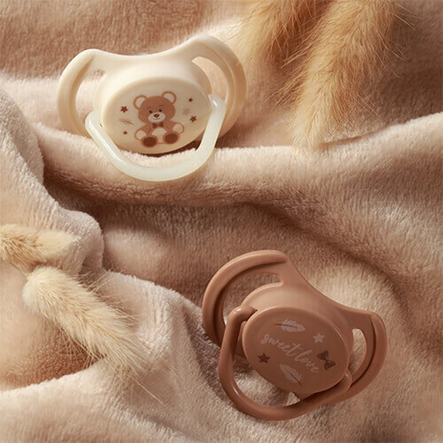 BabyOno, пустышка, 0-6 месяцев, симметричная, силикон, бежевый/коричневый, 2 штуки: цены и характеристики