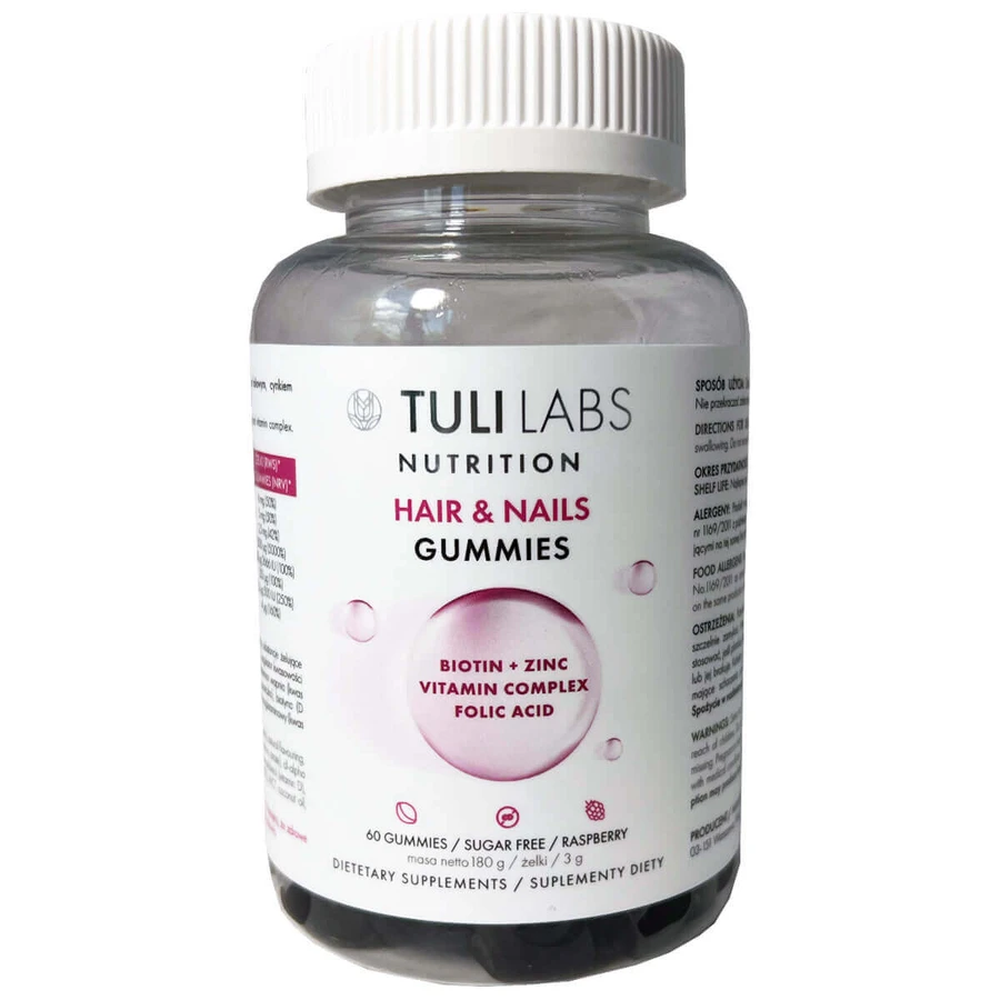 Tuli Labs Hair & Nails Gummies, желейные конфеты, со вкусом малины, 60 шт.: цены и характеристики