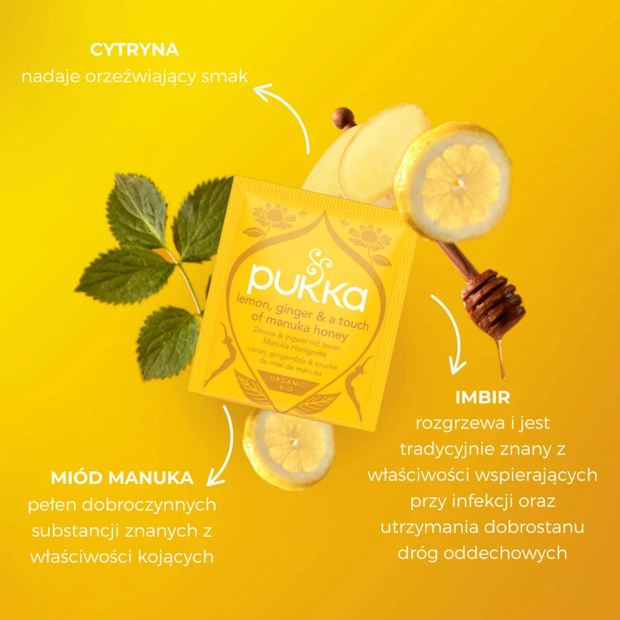 Pukka Lemon Ginger & Manuka Honey Органічний фруктово-трав'яний чай з імбиром та лимоном, ароматизований, 2 г х 20 пакетиків: ціни та характеристики
