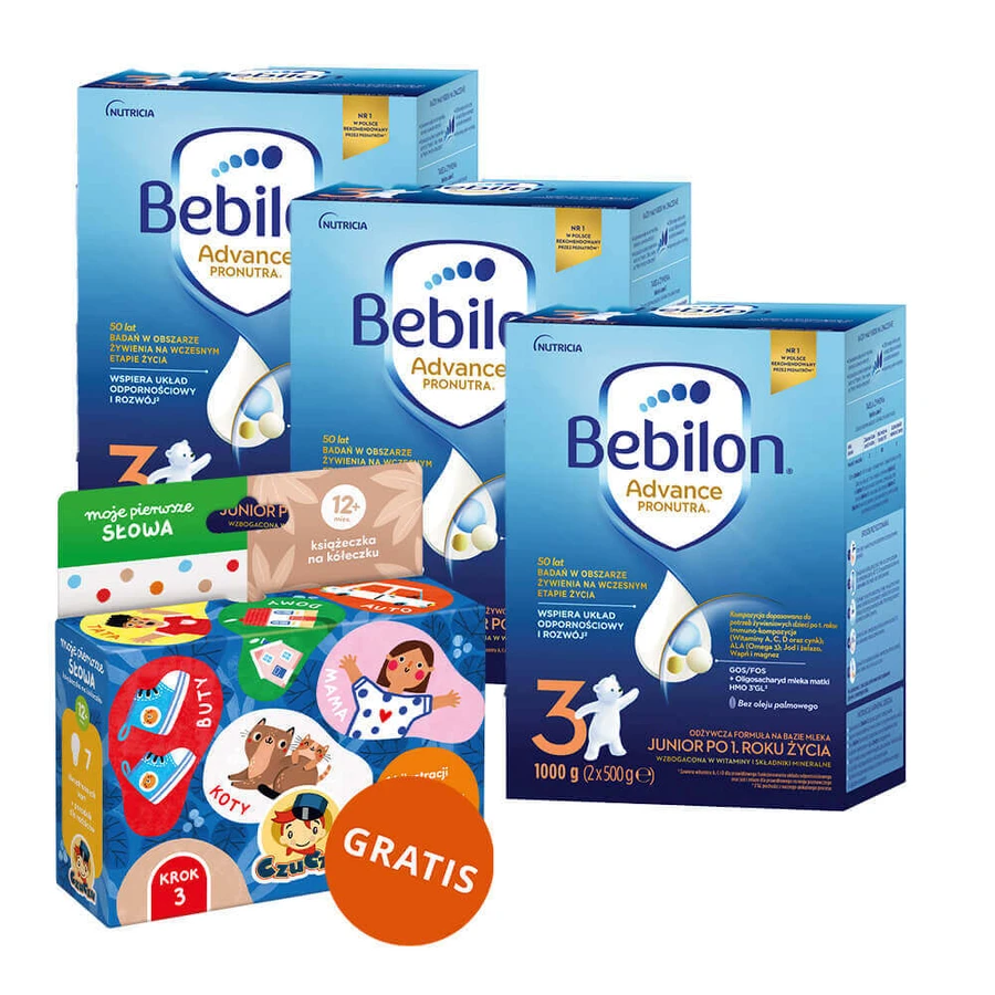 Набір Bebilon Advance Pronutra 3 Junior, поживна молочна суміш, після 1 року, 3 х 1000 г + CzuCzu Мої перші слова, книга на колесі, від 12 місяців безкоштовно: ціни та характеристики