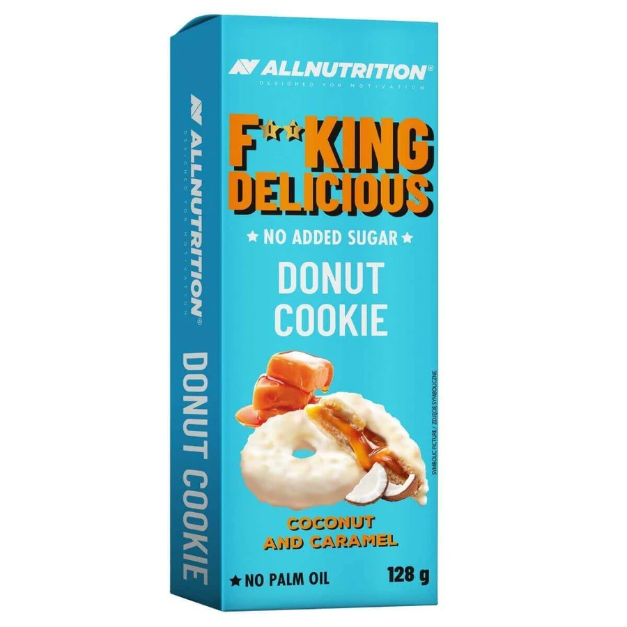 Allnutrition Fitking Delicious Donut Cookie Coconut and Caramel, карамельне печиво з кокосовою стружкою в молочній глазурі, без додавання цукру, 128 г: ціни та характеристики