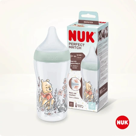 NUK Perfect Match, пляшечка від кольок з силіконовою соскою, розмір M, Вінні-Пух, від 3 місяців, 260 мл: ціни та характеристики