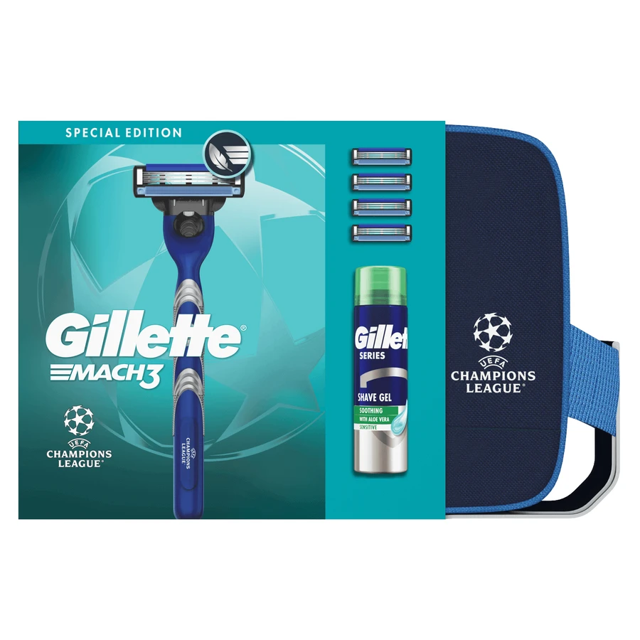 Набор Gillette Mach 3, бритва, 1 штука + лезвия, 4 штуки + гель для бритья, 200 мл + косметичка: цены и характеристики