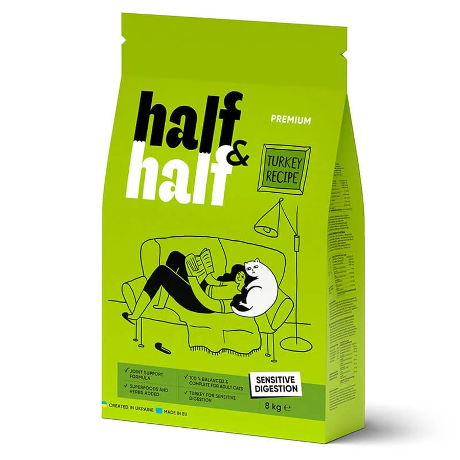 Half&Half (Халф энд Халф) Сухой корм с индюшкой для котов с чувствительным пищеварением, 8 кг: цены и характеристики