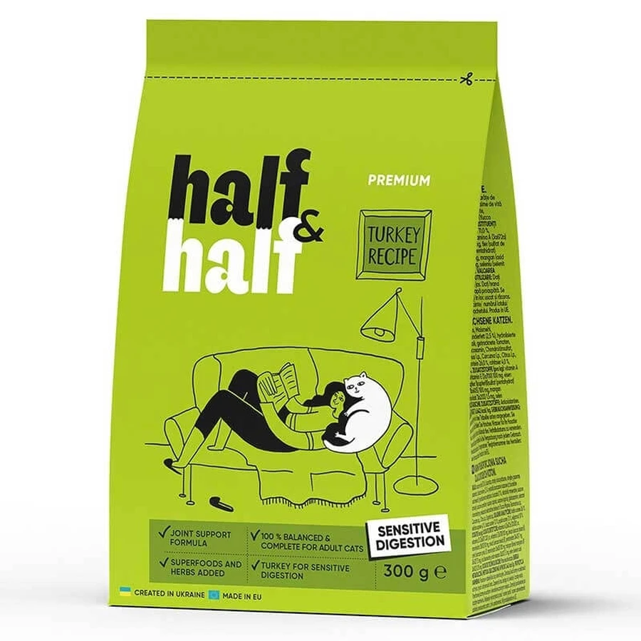 Half&Half (Халф энд Халф) Сухой корм с индюшкой для котов с чувствительным пищеварением, 300 г: цены и характеристики