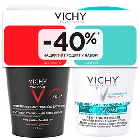 Набір кулькових антиперспірантів Vichy: Чоловічий 72 години захисту, 50 мл + Жіночий 48 годин захисту, 50 мл, знижка 40% на другий продукт: ціни та характеристики