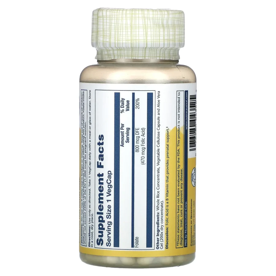 Фолиевая кислота Solaray Folic Acid 470 мкг (800 мкг DFE), вег. капсулы, №100: цены и характеристики