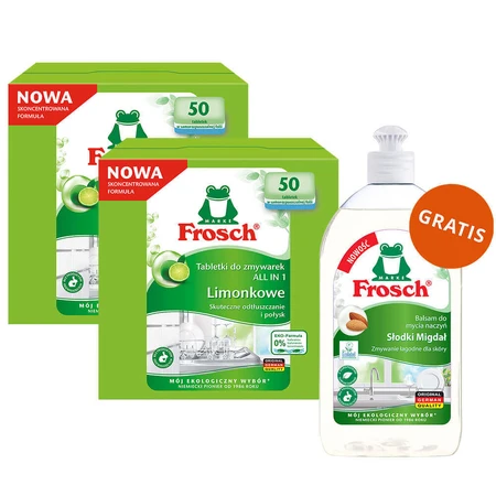 Набор Frosch, таблетки для посудомоечной машины, All in One, лайм, 2 x 50 шт + жидкость для мытья посуды, миндаль, 500 мл бесплатно: цены и характеристики